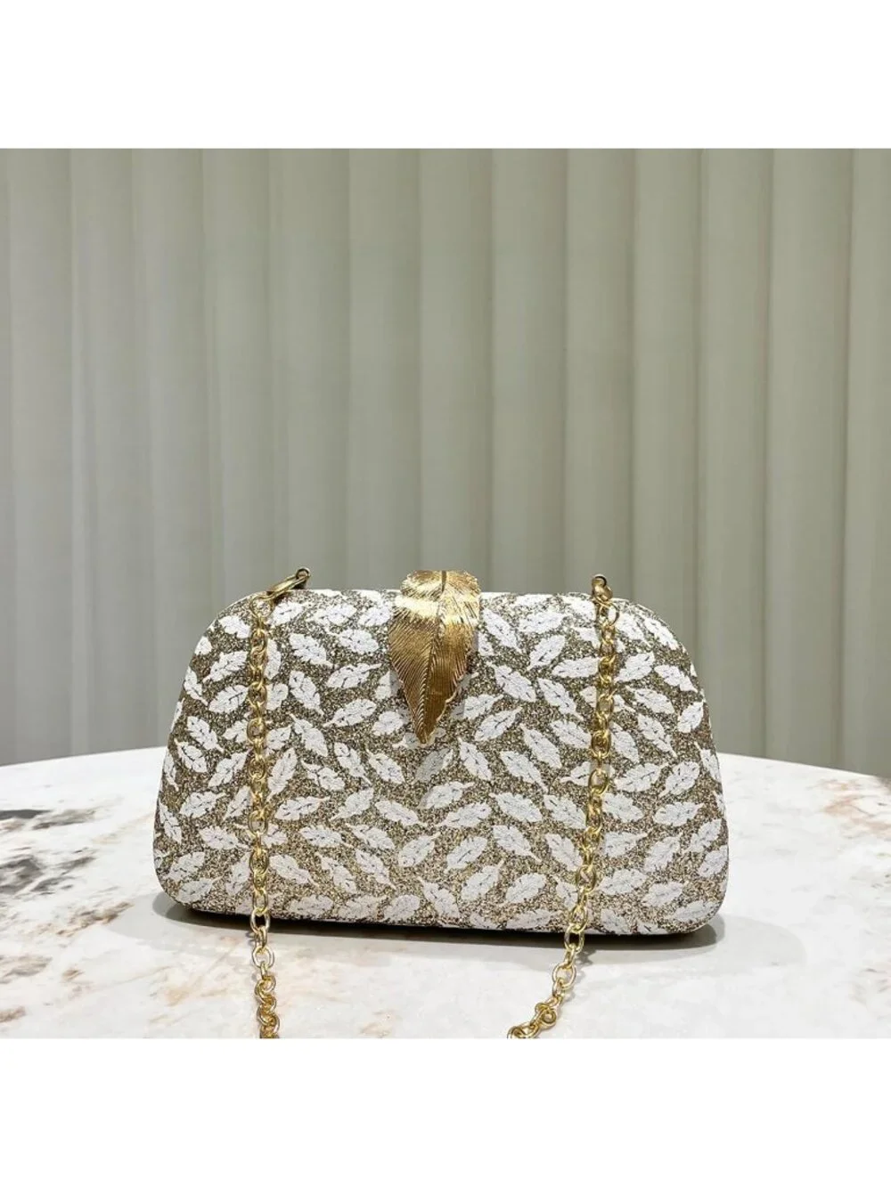 Women's Gold White Elegant Clutch Purse Metallic Leaves Clasp Banquet Evening Ba